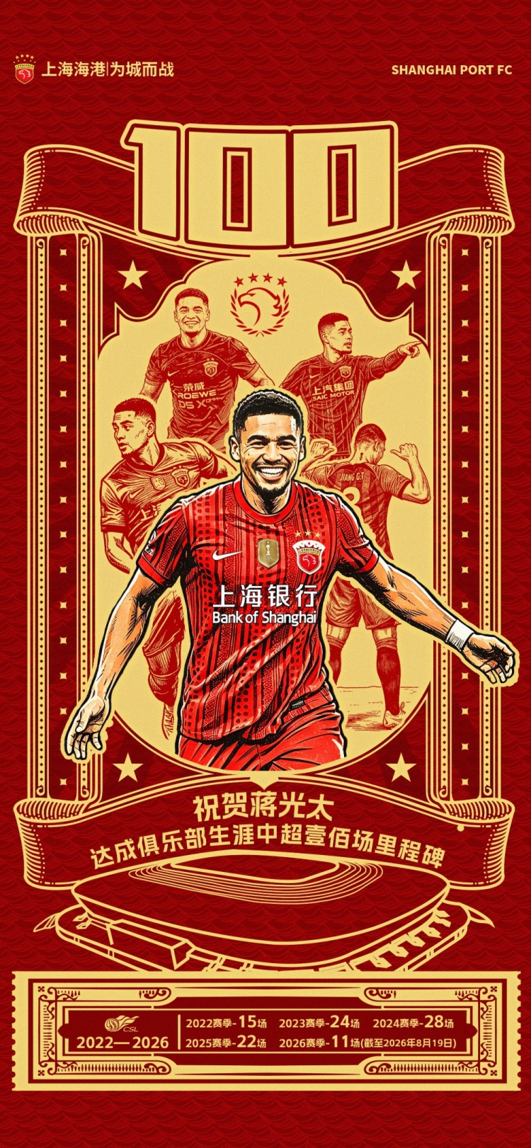 蒋光太达成海港中超百场里程碑 今夜首发坐镇后防